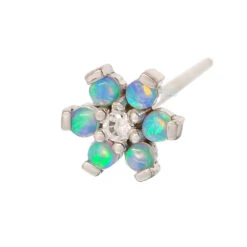 Flower #2 Nostril Screw In Gold With Baby Blue Cabochon Opals & White CZ