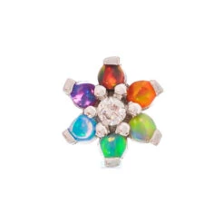 Flower #2 Nostril Screw In Gold With Rainbow Cabochon Opals & White CZ -Body Vision Los Angeles 40212 BVLABodyVisionFlower 2NostrilScrewinGoldwithRainbowOpals WhiteCZSingleWhiteGold2