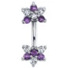 "Double Flowers" Curved Barbell In Gold With Amethyst & White CZ's