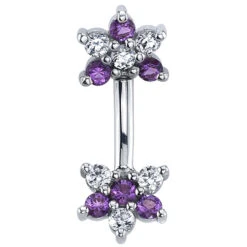 "Double Flowers" Curved Barbell In Gold With Amethyst & White CZ's