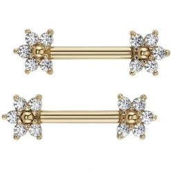 Flower #2 Forward Facing Nipple Barbells In Gold With Diamond & Gold Beads