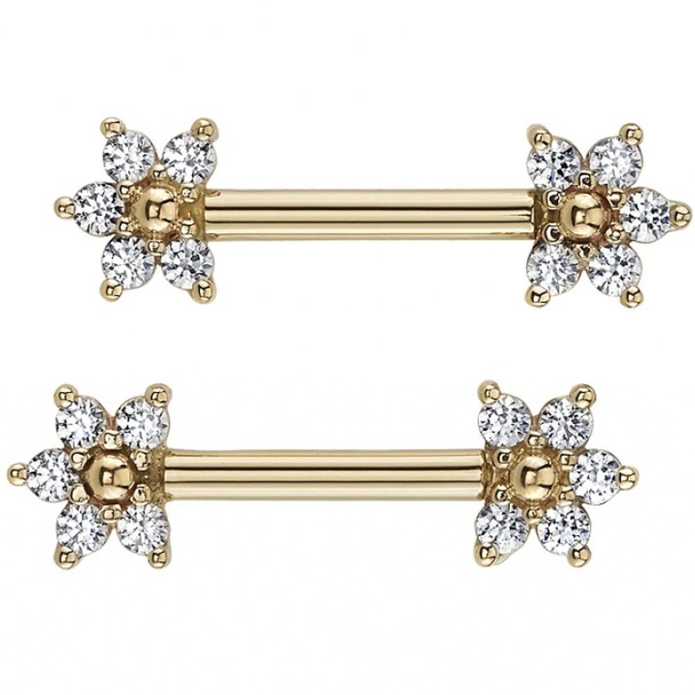Flower #2 Forward Facing Nipple Barbells In Gold With Diamond & Gold Beads 1 Flower #2 Forward Facing Nipple Barbells In Gold With Diamond & Gold Beads