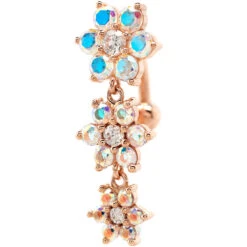 Graduating Flower #2 Reverse Dangle Navel Curve In Gold With Mercury Mist Topaz & White CZ's
