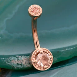 "Rachel" Milgrain Prong Navel Curve In Gold With Oregon Sunstone -Body Vision Los Angeles 40220 BVLABodyVisionRachelMillgrainProngNavelCurveinGoldwithOregonSunstonezfunkyRoseGold