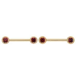 Milgrain Prong Forward Facing Nipple Barbells In Gold With Garnet 5 Milgrain Prong Forward Facing Nipple Barbells In Gold With Garnet -Body Vision Los Angeles 40220 BodyVision BVLAMilgrainProngForwardFacingNippleBarbellsinGoldwithGarnetsingleYellowGold3mm2
