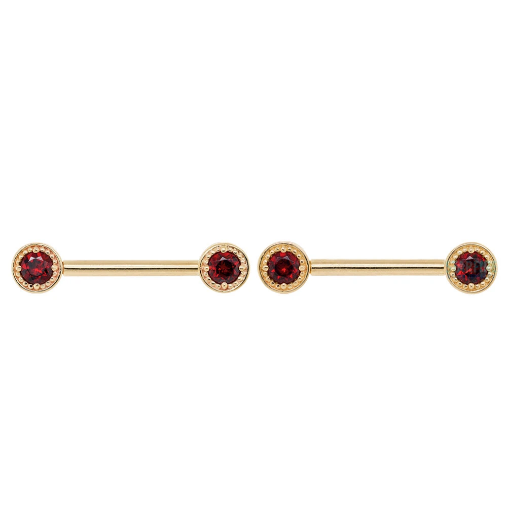 Milgrain Prong Forward Facing Nipple Barbells In Gold With Garnet 3 Milgrain Prong Forward Facing Nipple Barbells In Gold With Garnet - Image 3