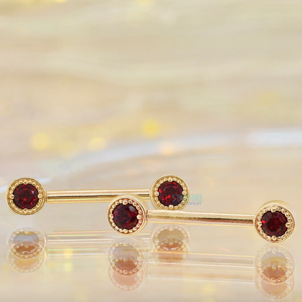 Milgrain Prong Forward Facing Nipple Barbells In Gold With Garnet 2 Milgrain Prong Forward Facing Nipple Barbells In Gold With Garnet - Image 2