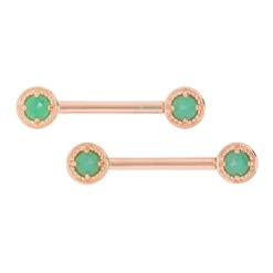 Milgrain Prong Forward Facing Nipple Barbells In Gold With Rose Cut Chrysoprase -Body Vision Los Angeles 40220 BodyVision BVLAMillgrainProngForwardFacingNippleBarbellsinGoldwithRose CutChrysopraseSingleRoseGold1 2 5mm2