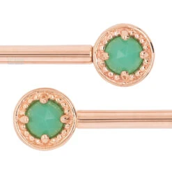 Milgrain Prong Forward Facing Nipple Barbells In Gold With Rose Cut Chrysoprase -Body Vision Los Angeles 40220 BodyVision BVLAMillgrainProngForwardFacingNippleBarbellsinGoldwithRose CutChrysopraseSingleRoseGold1 2 5mm3