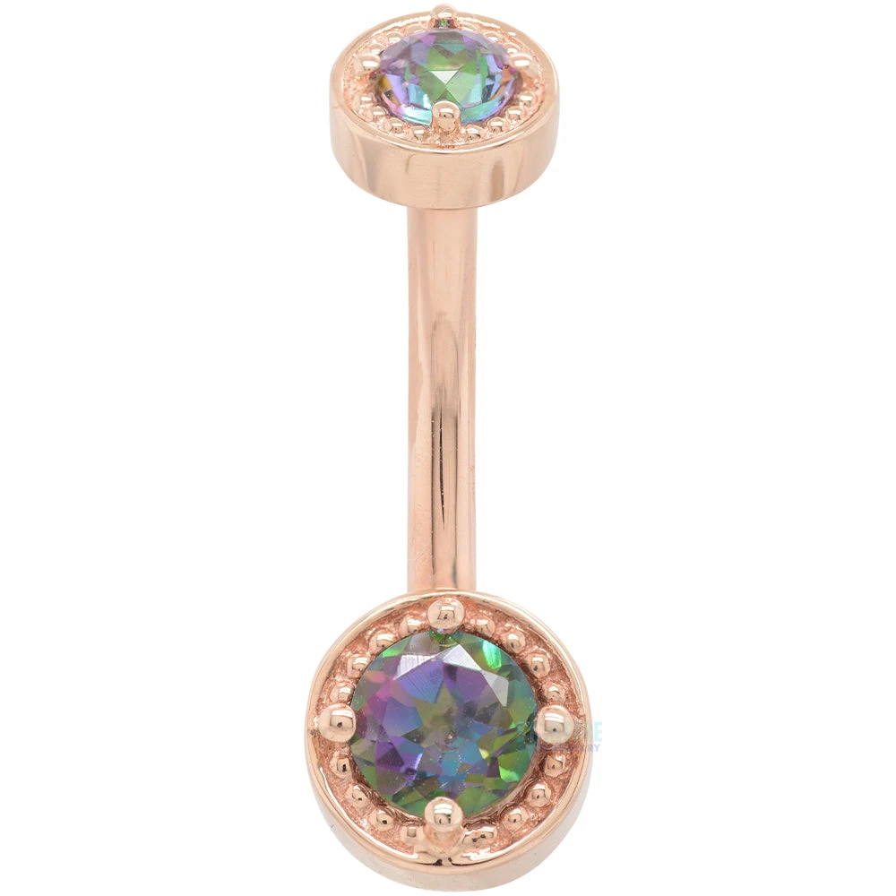 "Rachel" Milgrain Prong Navel Curve In Gold With Mystic Topaz 1 "Rachel" Milgrain Prong Navel Curve In Gold With Mystic Topaz