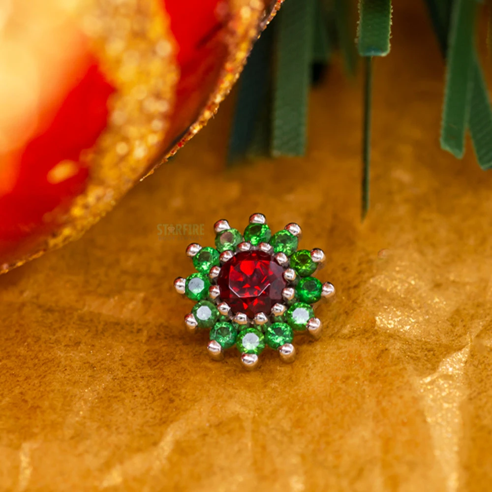 "The Rose" Threaded End In Gold 'Holiday Collection' With Garnet Center & Green Tourmaline Petals 2 "The Rose" Threaded End In Gold 'Holiday Collection' With Garnet Center & Green Tourmaline Petals - Image 2