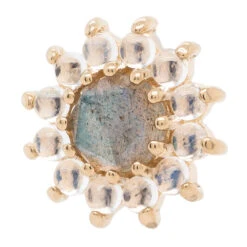 "The Rose" Threaded End In Gold With Rose Cut Labradorite Center & Rainbow Moonstone Cabochon Petals