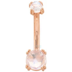 Prong-Set Navel Curve In Gold With Rose Cut Rainbow Moonstone -Body Vision Los Angeles 40227 551BVLABodyVision Prong SetNavelCurveinGoldwithRoseCutRainbowMoonstoneRG2