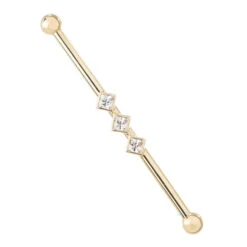 "Jenna" Industrial Barbell In Gold With 2mm Princess-Cut White CZ's