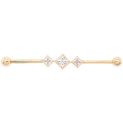 "Jenna" Industrial Barbell In Gold With In-Line Princess-Cut White CZ's -Body Vision Los Angeles 40236 BodyVisionBVLAJennaIndustrialBarbellinGoldwithIn LinePrincess cutWhiteCZSingle14gaYellowGold11.22