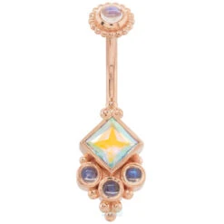"Sarai Princess" Navel Curve In Gold With Rainbow Moonstone & Mercury Mist Topaz