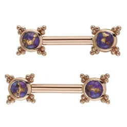 "Mini Kandy" Forward Facing Nipple Barbells In Gold With Copper Purple Turquoise
