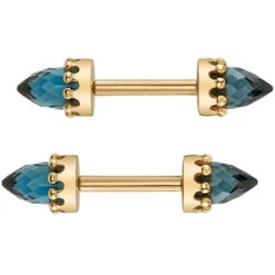 Crown Bullet Nipple Barbells In Gold With Faceted London Blue Topaz