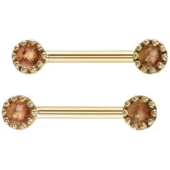 Crown Prong Nipple Barbells In Gold With Rose Cut Oregon Sunstone