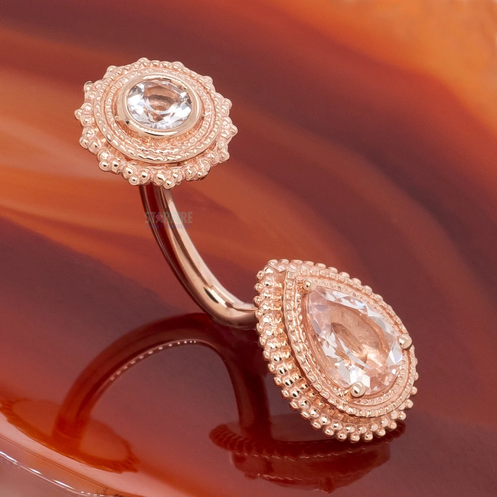 "Robyn" Afghan Pear Navel J Curve In Gold With Morganite 2 "Robyn" Afghan Pear Navel J Curve In Gold With Morganite - Image 2