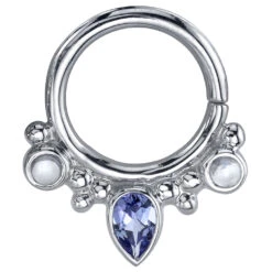 "Eden Pear" Hinge Ring In Gold With Rainbow Moonstone & Tanzanite