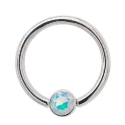 Gold Captive Bead Ring (CBR) With Bezel-set Faceted Water Opal Captive Bead -Body Vision Los Angeles 40374 BVLABodyVisionGoldCaptiveBeadRingCBRwithBezel setFacetedWaterOpalCaptiveBeadSingle3mmWhiteGold1