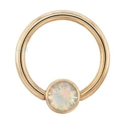 Gold Captive Bead Ring (CBR) With Bezel-set Faceted Water Opal Captive Bead -Body Vision Los Angeles 40374 BVLABodyVisionGoldCaptiveBeadRingCBRwithBezel setFacetedWaterOpalCaptiveBeadSingle4mmYellowGold1