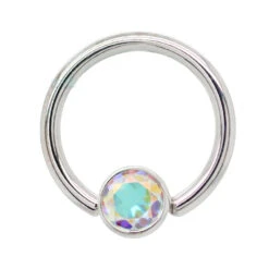 Gold Captive Bead Ring (CBR) With Bezel-set Mercury Mist Topaz Captive Bead -Body Vision Los Angeles 40374 BVLABodyVisionGoldCaptiveBeadRingCBRwithBezel setMercuryMistTopazCaptiveBeadSingle4mmWhiteGold1