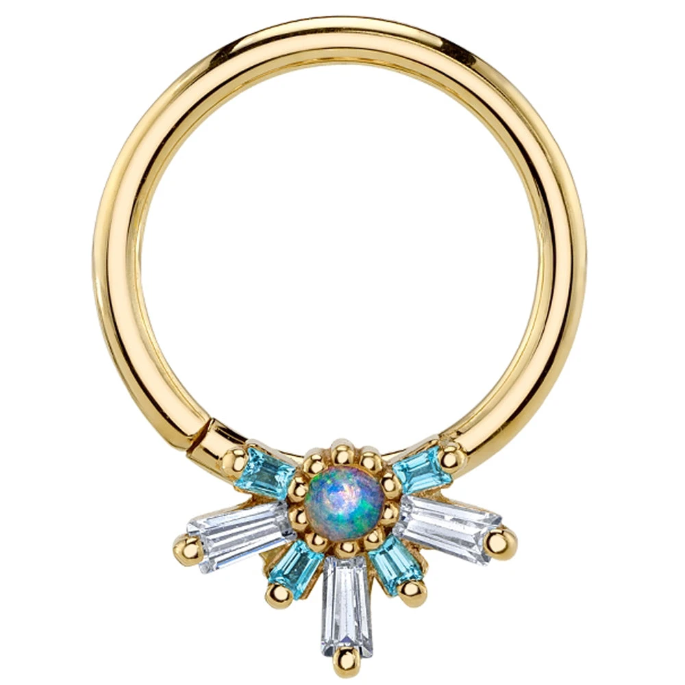 "Half Mininova" Seam Ring In Gold With DIAMOND, Swiss Blue Topaz & Genuine White Opal 2 "Half Mininova" Seam Ring In Gold With DIAMOND, Swiss Blue Topaz & Genuine White Opal - Image 2