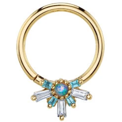 "Half Mininova" Seam Ring In Gold With DIAMOND, Swiss Blue Topaz & Genuine White Opal