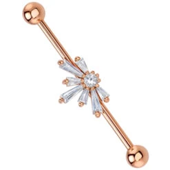 "Half Supernova" Industrial Barbell In Gold With White CZ's