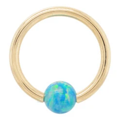 Captive Bead Ring (CBR) In Gold With Teal Opal Captive Bead -Body Vision Los Angeles 40479 BVLABodyVisionCaptiveBeadRingCBRinGoldwithOpalCaptiveBeadSingle16ga.3.84mmYellowGoldTealOpal2