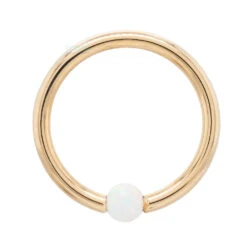 Captive Bead Ring (CBR) In Gold With White Opal Captive Bead -Body Vision Los Angeles 40479 Body Vision BVLA Captive Bead Ring CBR in Gold with Opal Captive Bead 18 ga. 5.16 Single Yellow Gold 2mm White Opal 1 665f1d03 edd0 41f0 98cc b0e812eff566