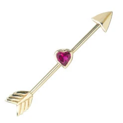 "Straight Thru My Heart" Industrial Barbell In Gold With Red CZ
