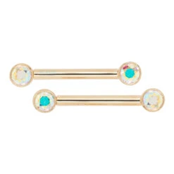 Forward Facing Nipple Barbells In Gold With Mercury Mist Topaz'
