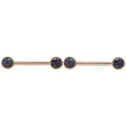 Forward Facing Nipple Barbells In Gold With Mystic Topaz -Body Vision Los Angeles 40514 BodyVision BVLAForwardFacingNippleBarbellsinGoldwithMysticTopazSingleRoseGold3mm1 2 1 46a9d965 832d 4dce a711 06ade89af44d