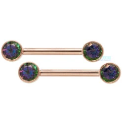 Forward Facing Nipple Barbells In Gold With Mystic Topaz