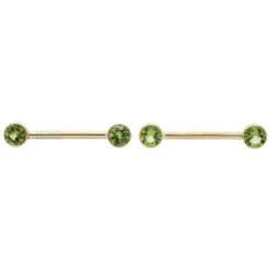 Forward Facing Nipple Barbells In Gold With Peridot -Body Vision Los Angeles 40514 BodyVision BVLAForwardFacingNippleBarbellsinGoldwithPeridotSingleYellowGold4mm2
