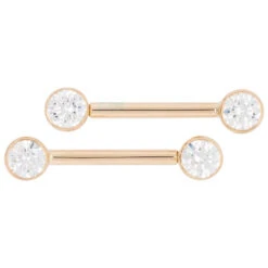 Forward Facing Nipple Barbells In Gold With White CZ's -Body Vision Los Angeles 40514 BodyVision BVLAForwardFacingNippleBarbellsinGoldwithWhiteCZ sSingleYellowGold4mm1 2 2