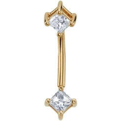 Gold Curved Barbell With Prong-Set Princess-Cut White CZ's