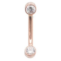 Gold Curved Barbell With White CZ's In Forward Facing Bezels -Body Vision Los Angeles 40617 BVLABodyVisionGoldCurvedBarbellwithWhiteCZ sinForwardFacingBezelsSingle2mm5.16RoseGold1 3da0b307 8ced 4f47 9ea3 b320dfee3d46