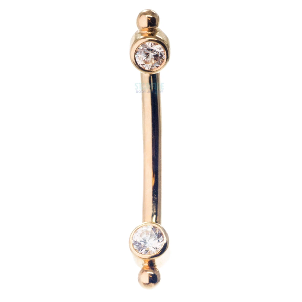 Gold Curved Barbell With White CZ's In Forward Facing Bezels & Bead Accents 1 Gold Curved Barbell With White CZ's In Forward Facing Bezels & Bead Accents