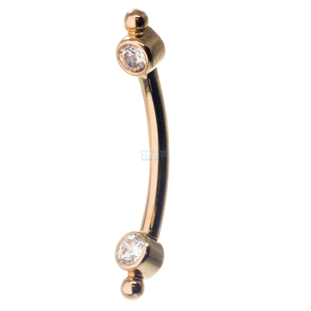 Gold Curved Barbell With White CZ's In Forward Facing Bezels & Bead Accents 2 Gold Curved Barbell With White CZ's In Forward Facing Bezels & Bead Accents - Image 2