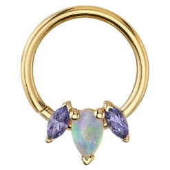 "Alana" Seam Ring In Gold With Tanzanite & Genuine White Opal