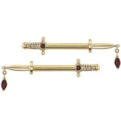 "Kiss Of Death" Forward Facing Nipple Barbells In Gold With Garnets