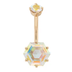 Hexagon Prong-Set Navel Curve In Gold With Mercury Mist Topaz' -Body Vision Los Angeles 40912 BVLABodyVisionHexagonProng SetNavelCurveinGoldwithMercuryMistTopaz SingleYellowGold1 0361f5b6 2891 4006 96aa 22f9d6d539e2