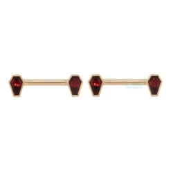 "Coffin" Forward Facing Nipple Barbells In Gold With Garnet's