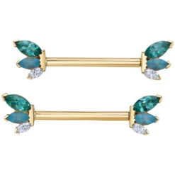 "French Kiss" Forward Facing Nipple Barbells In Gold With Seafoam Tourmaline, Sandblasted Swiss Blue Topaz & DIAMONDS
