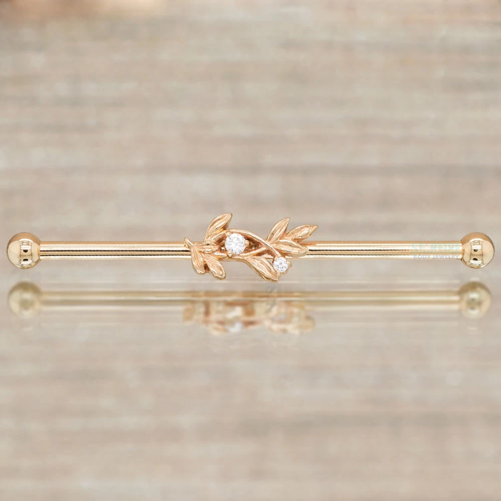 "Jessamine" Industrial Barbell In Gold With White CZ's 2 "Jessamine" Industrial Barbell In Gold With White CZ's - Image 2