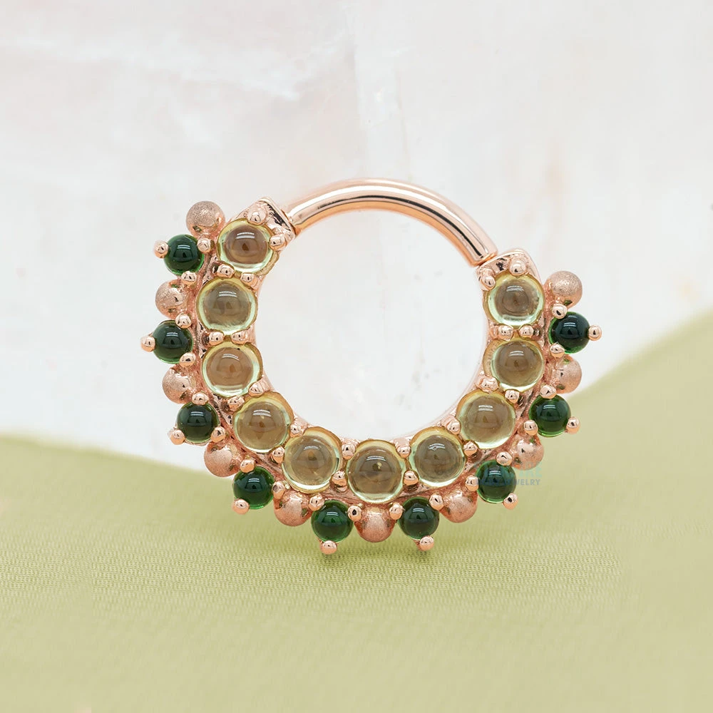 "Horizon 2" Hinge Ring In Gold With Peridot & Green Tourmaline With Sandblasted Bead Accents 1 "Horizon 2" Hinge Ring In Gold With Peridot & Green Tourmaline With Sandblasted Bead Accents
